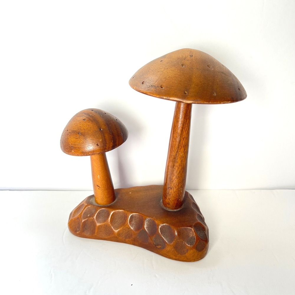 Vtg Wooden Double Mushroom Cluster Shelf Decor Hand Carved Woodland Home‎ Accent